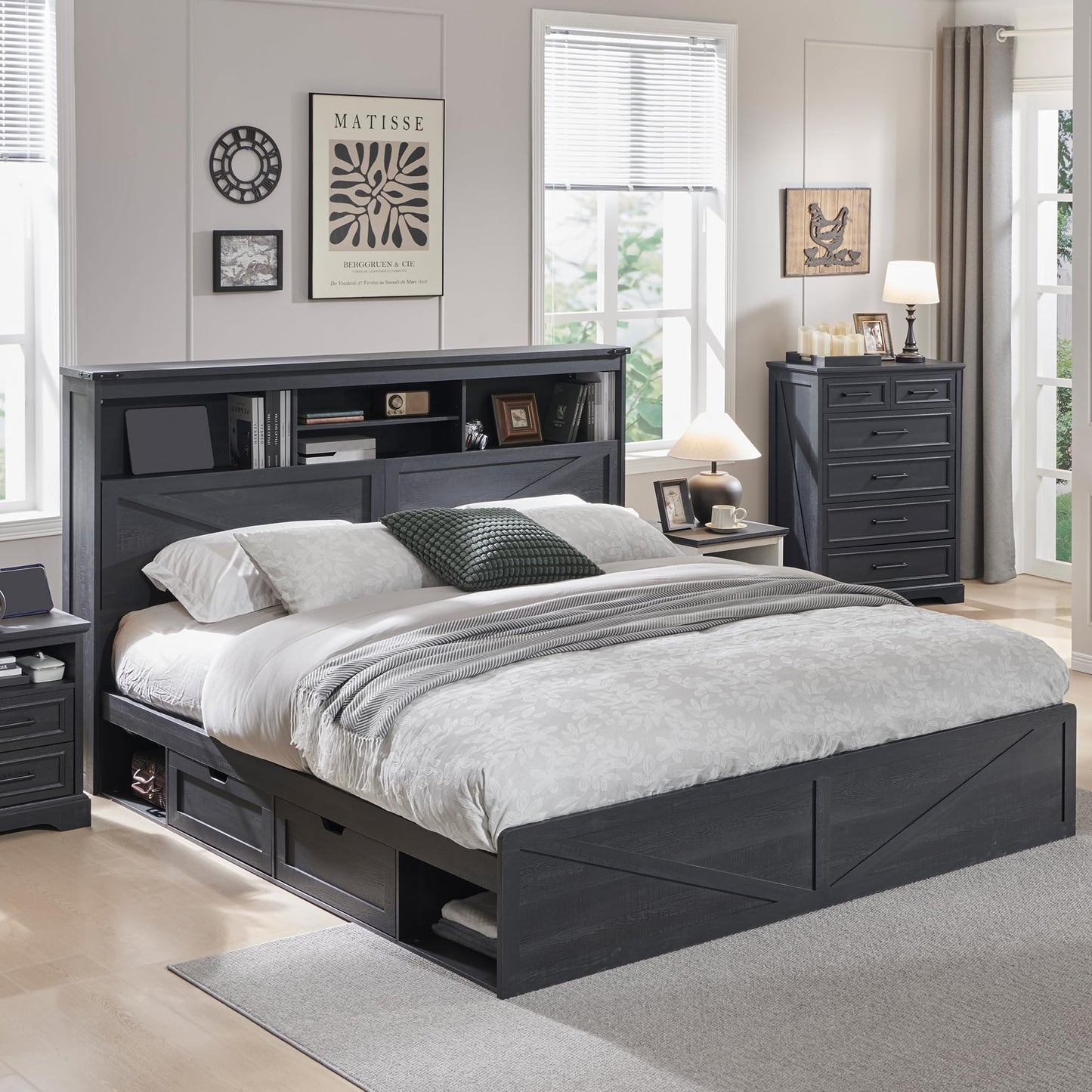 ACCOHOHO King Bed Frame Farmhouse with 52" Storage Bookcase Headboard, 4 Drawers Wooden Bed Frame, LED Light, Charging Station - Black