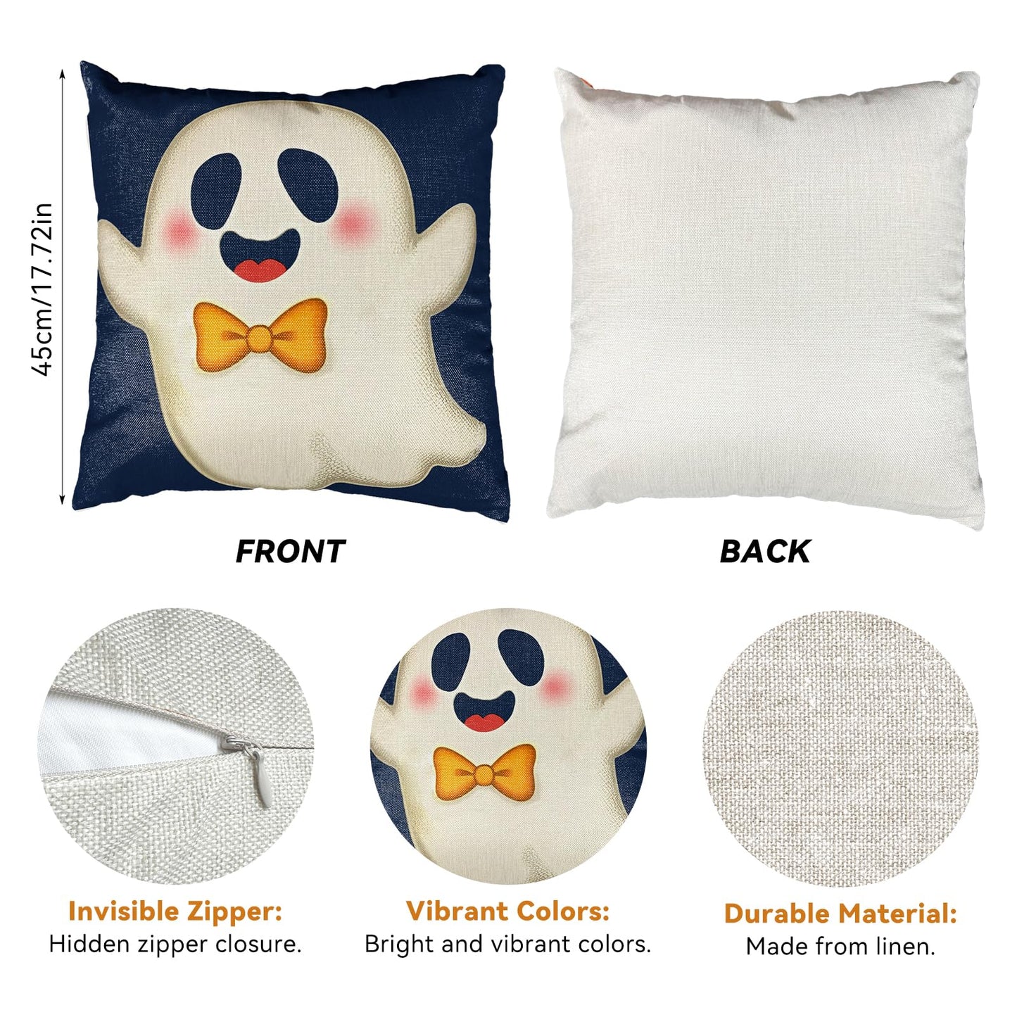 4Pcs Halloween Pillow Covers 18x18 Inch Cute Ghost Pumpkins Bats Decoration Pillow Covers Outdoor Happy Halloween Decoration Pillows Case for Room Sofa Patio Funiture Bedroom Couch Decor