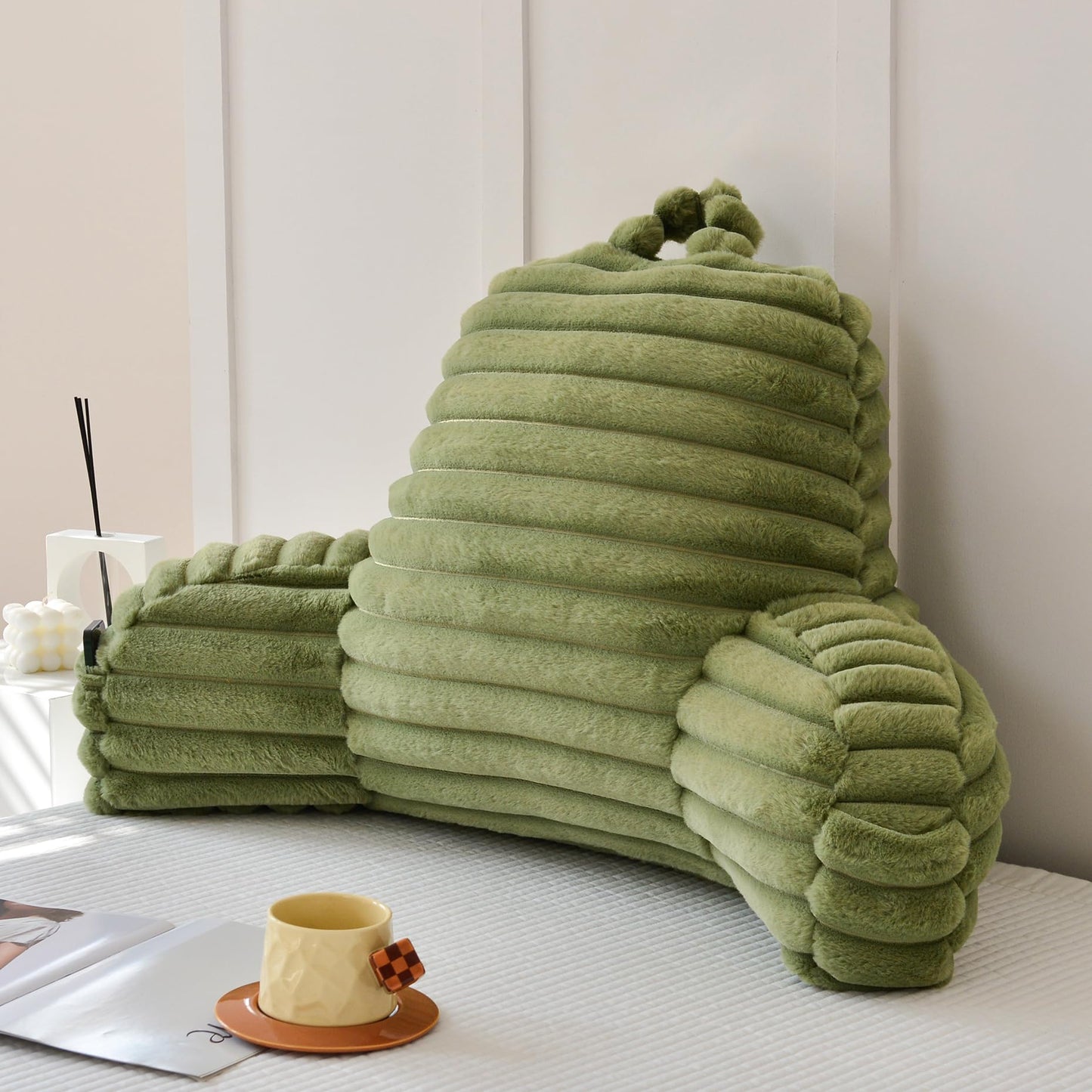 Yaoshuho Large Reading Pillow for Adults, Back Support Pillow for Sitting Up in Bed with Arms, Couch for Lounging Bedrest, Sage