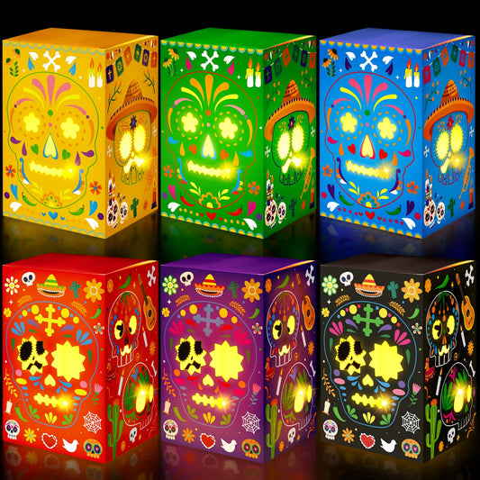 36PCS Day of The Dead Decorations Sugar Skull Candles Holders Boxes Dia De Los Muertos Altar Ofrenda Decorative Paper Box Decor, 6 Styles