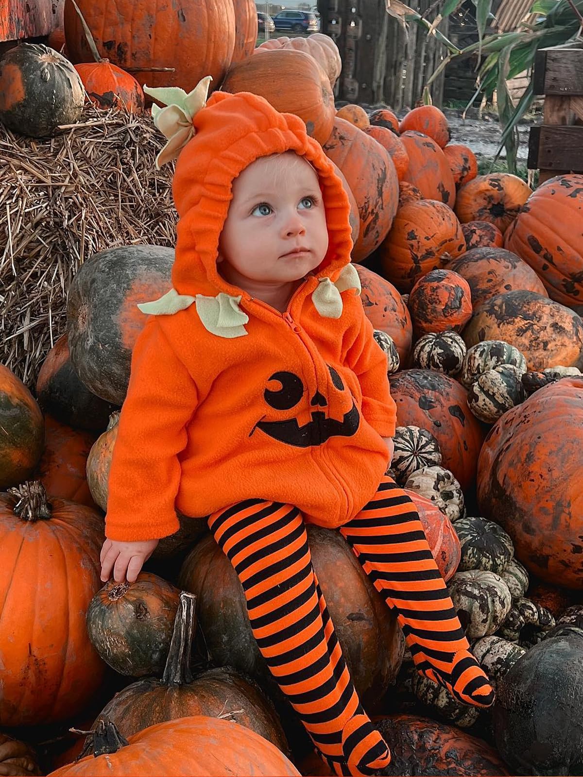 2Pcs Newborn Infant Baby Boy Girl Fleece Halloween Pumpkin Costumes Hoodie Romper Onesie Cotton Pants Outfit (3-6 Months, Orange-A)