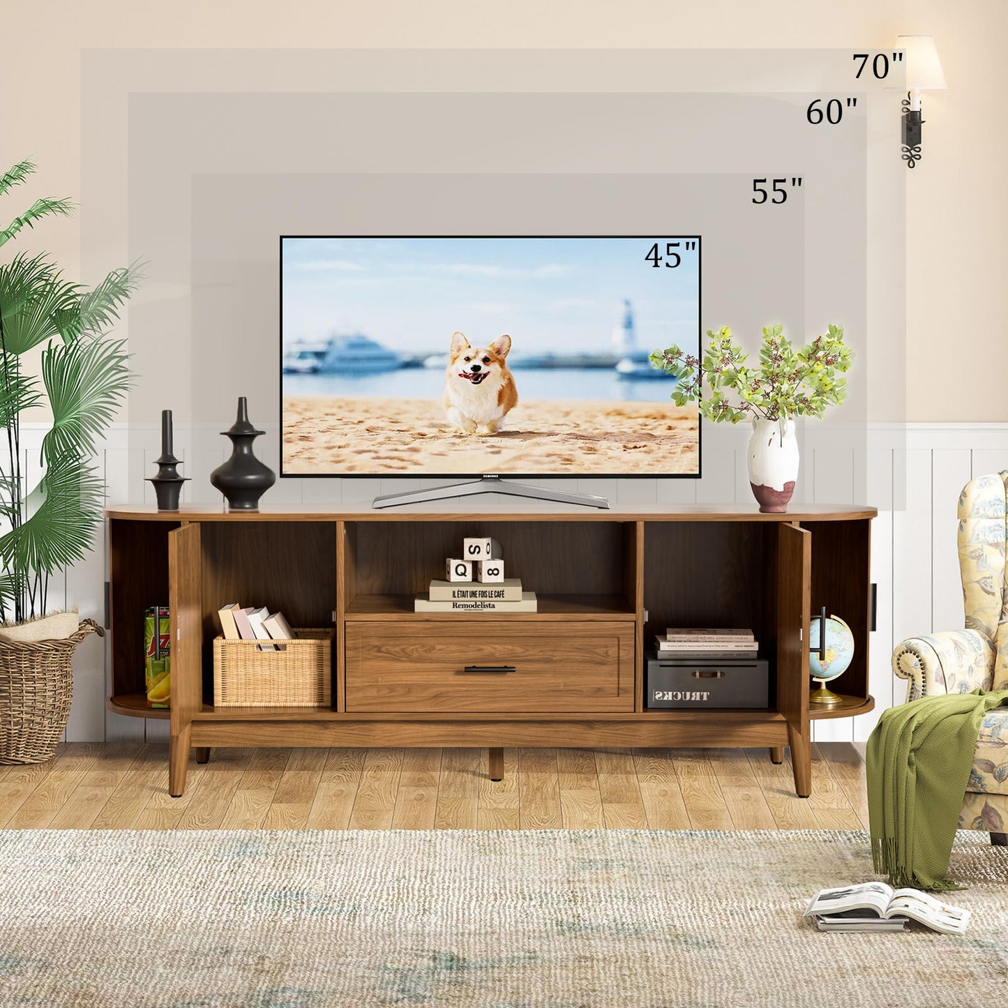 63" Fluted TV Stand for Tvs up to 70", Mid-Century Modern Entertainment Center with Drawers and Fluted Doors, Curved TV Media Console Table with Sliding Doors for Living Room, Bedroom (63")