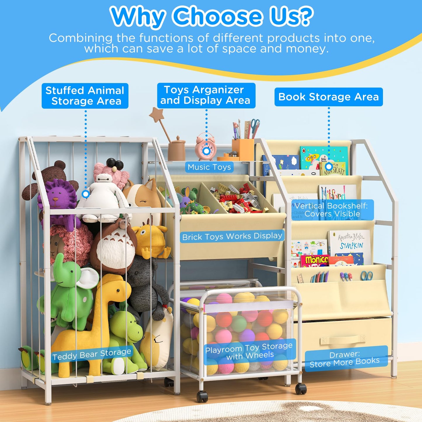 VORTULIUK Kids Bookshelf and Toy Storage, 3 Tier Sling Montessori Bookcase with Toy Organizer & Stuffed Animal Storage, Children Baby Toddler Book Shelf for Kids Rooms Nursery Bedroom Playroom, White
