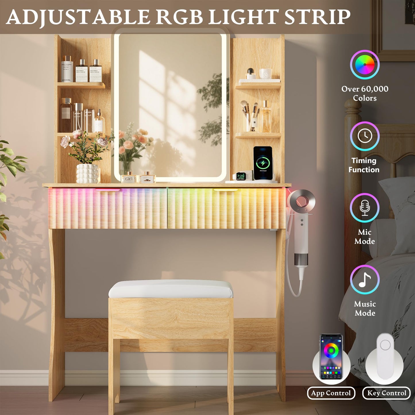 Wood Makeup Vanity Desk with Mirror and Lights, Fluted Vanity Table Set with Power Outlet, Dressing Table with 2 Drawer & 4 Storage Shelves, Adjustable RGB Lighting, Includes Chair for Girl’s Bedroom