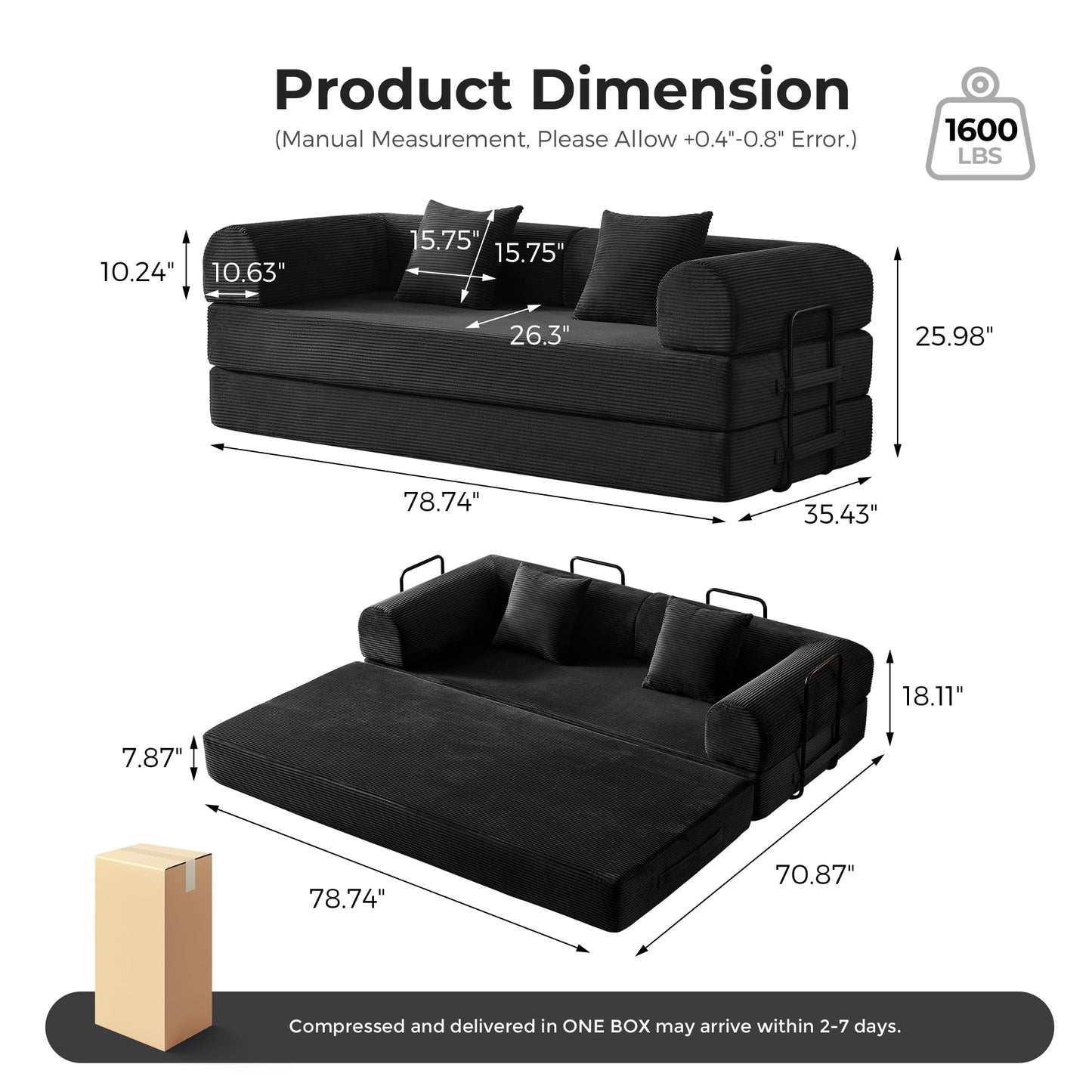 79" Modular Sofa Bed, Convertible Sleeper Sofa Bed, Couch Bed with Fixed-Shape Frame, Corduroy Floor Sofa Lounge Couch, Couches for Living Room with 2 Pillows, No Assembly Required, Black