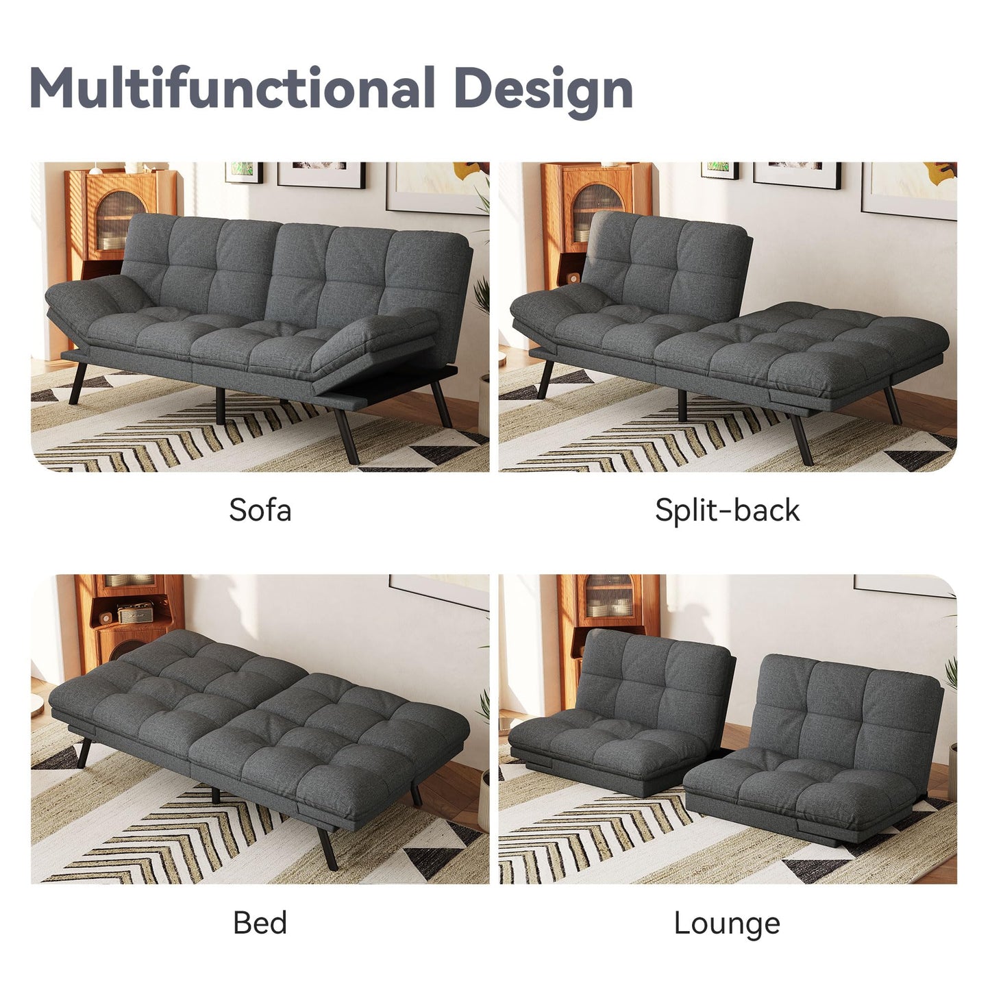 Vyfipt Convertible Futon Sofa Bed, 71" Memory Foam Futon Couch with Detachable,Adjustable Backrest,Linen Fabric Folding Small Loveseat Sleeper for for Living Room,RV,Office,Apartment,Light Grey