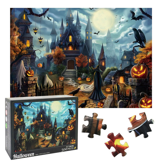 Witch Castle 500-Piece Halloween Jigsaw Puzzles for Adults, Challenging Horror Puzzles with Crows & Pumpkin Decoration