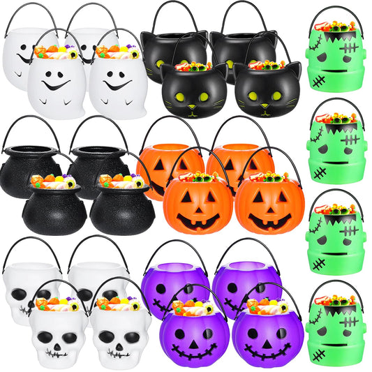 28 Pieces Halloween Candy Bucket,Mini Halloween Candy Holder,Pumpkin Ghost Cauldron Plastic Bucket Party Supplies for Trick or Treat