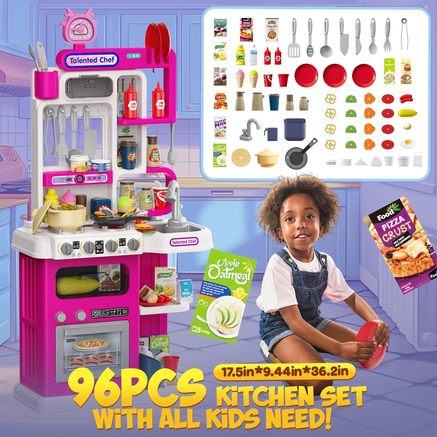 96PCS Kids Play Kitchen with Sound & Light, Cooking Stove with Steam, Play Food Toy Set for Boys and Girls (Pink)