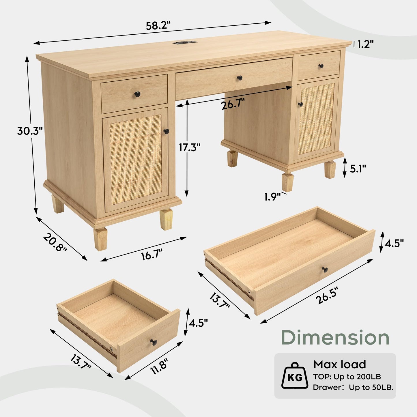 Yechen 58" Modern Executive Desk with Natural Rattan Door, Boho Writing Desk with 3 Drawers & 2 Cabinet for Study, Work, Computer, Golden Oak