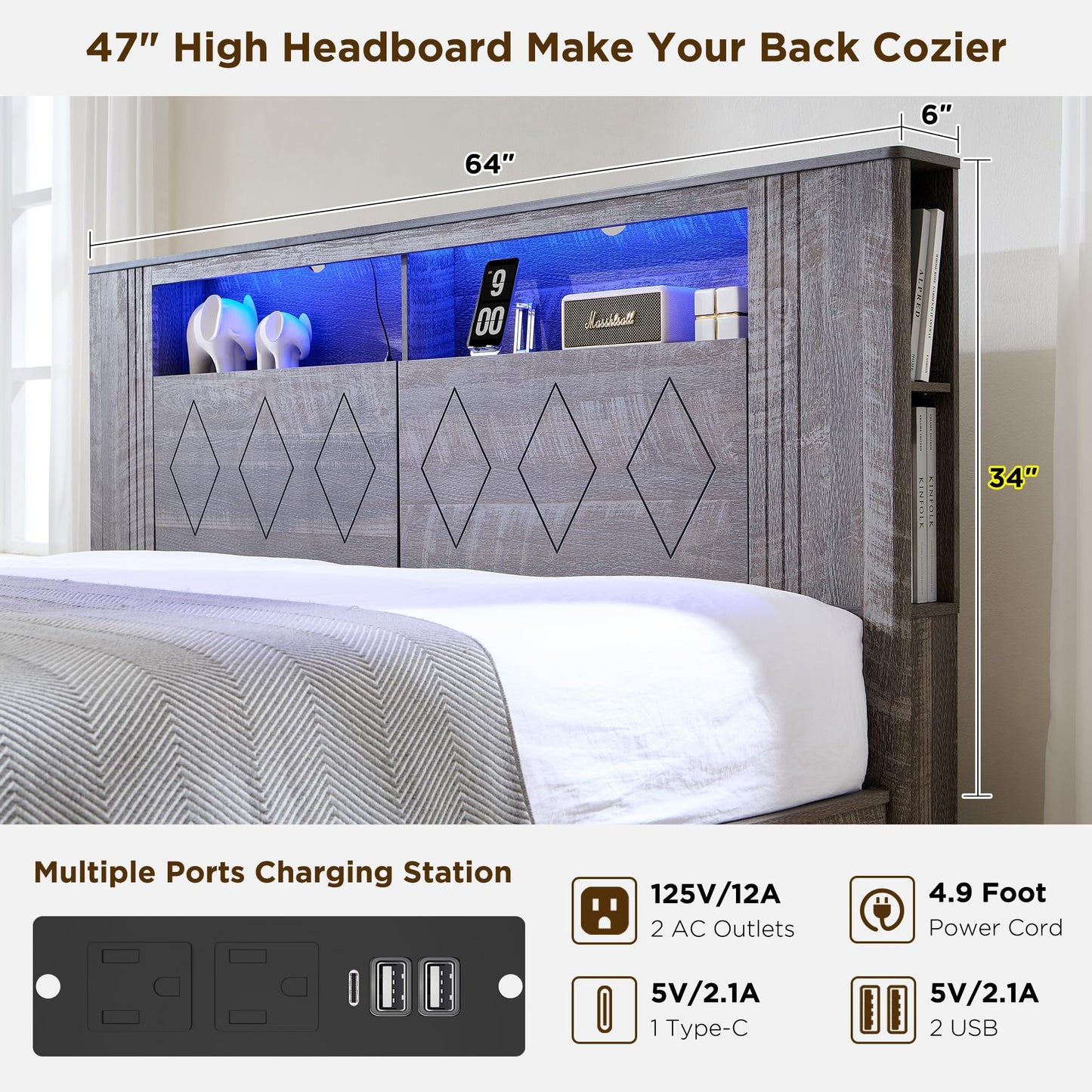 ACCOHOHO Queen Size Bed Frame with 47" Tall Storage Bookcase Headboard, Modern Wood Platform Bed with 4 Drawers, Charging Station and LED Lights, Noise Free, No Box Spring Needed, Light Grey