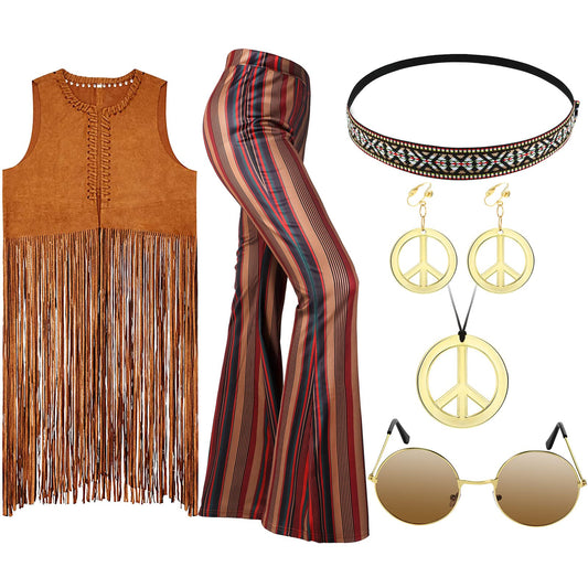 7 Pcs 60s 70s Outfits for Women Halloween Cosplay Set Disco Hippie Costume Set Fringe Vest Flared Pant Peace Sign Decor(M)