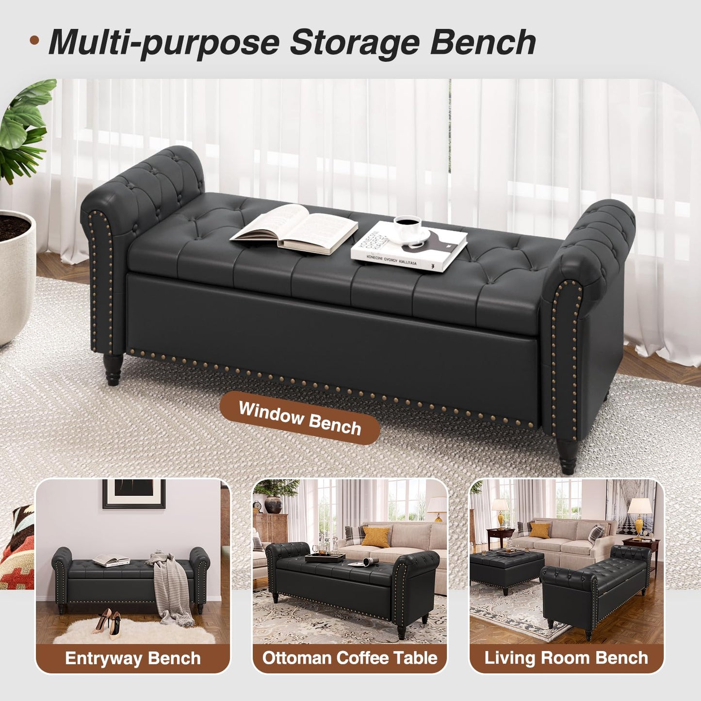 65 Inch Bedroom Bench, End of Bed Bench with Storage, Bed Benches for Foot of Bed, Faux Leather Window Bench with Tufted Button and Nailhead Trim, Upholstered Storage Bench with Rolled Arms, Black