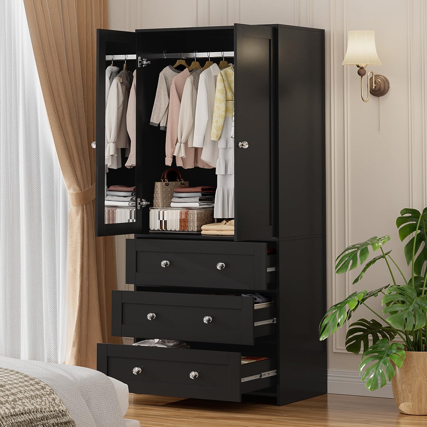 VOWNER Armoire Wardrobe Closet with Drawers and Mirror, 71" Clothing Storage Cabinet with Hanging Rod, 2 Doors Wooden Wardrobe Cabinet for Bedroom, Large Capacity Storage,Black