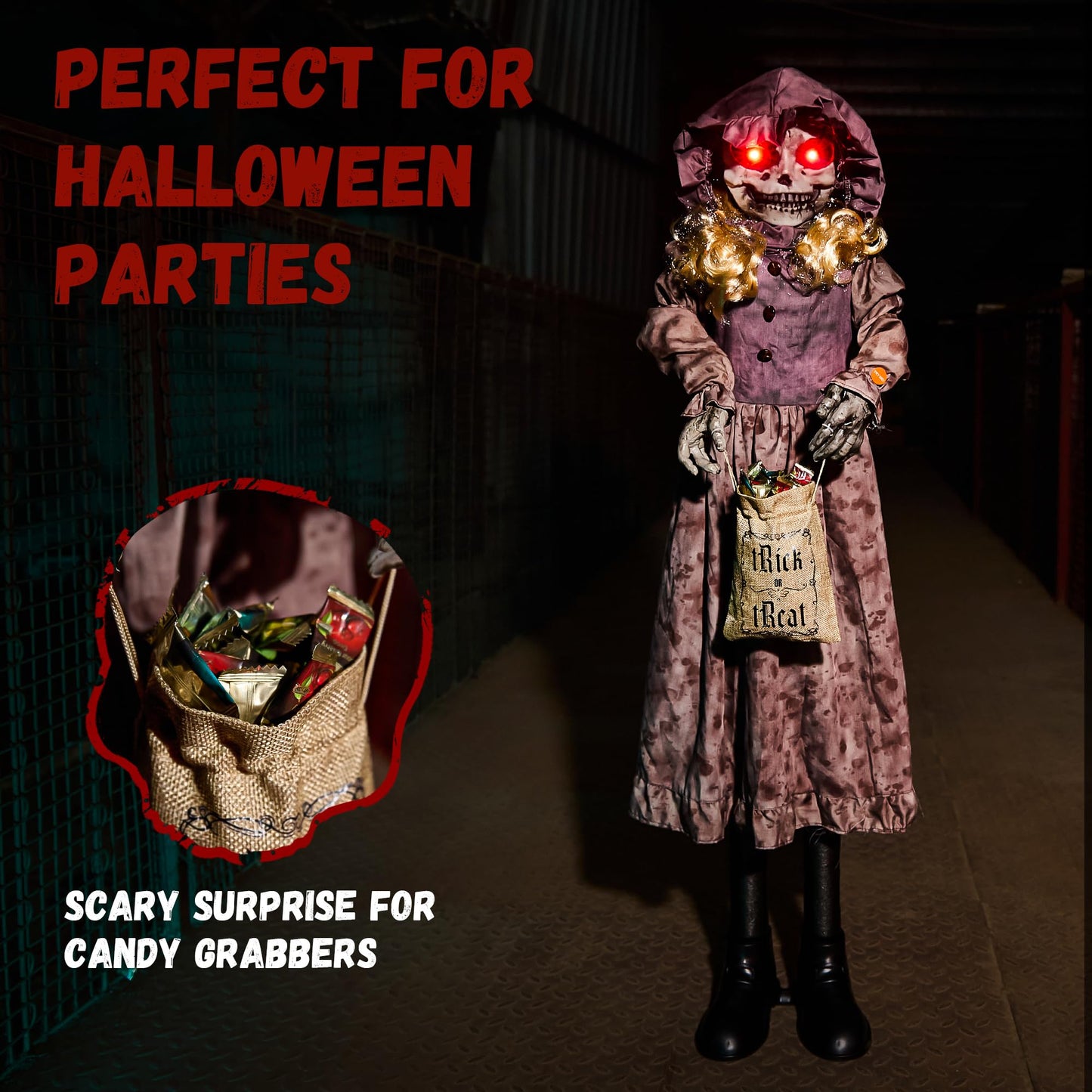 4FT Halloween Decorations Outdoor Animatronics Creepy Doll Skull,Sound Touch Activated,Light Up Eyes, Creepy Sound,Scary Halloween Party Prop for Haunted House Holiday,Yard Lawn