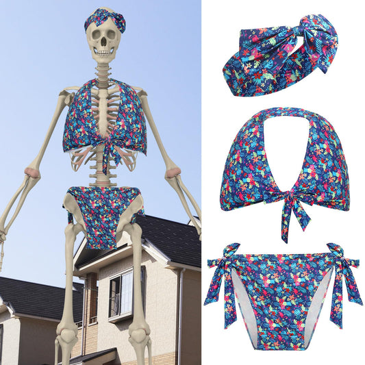 3 Pcs Hawaii 12 ft Giant Skeleton Costume Accessories Set Sexy Bikini Swimsuit and Bow Hairband Palm Leaves and Flamingo Skeleton Costumes for Summer Luau Party Garden Lawn Outdoor Decor