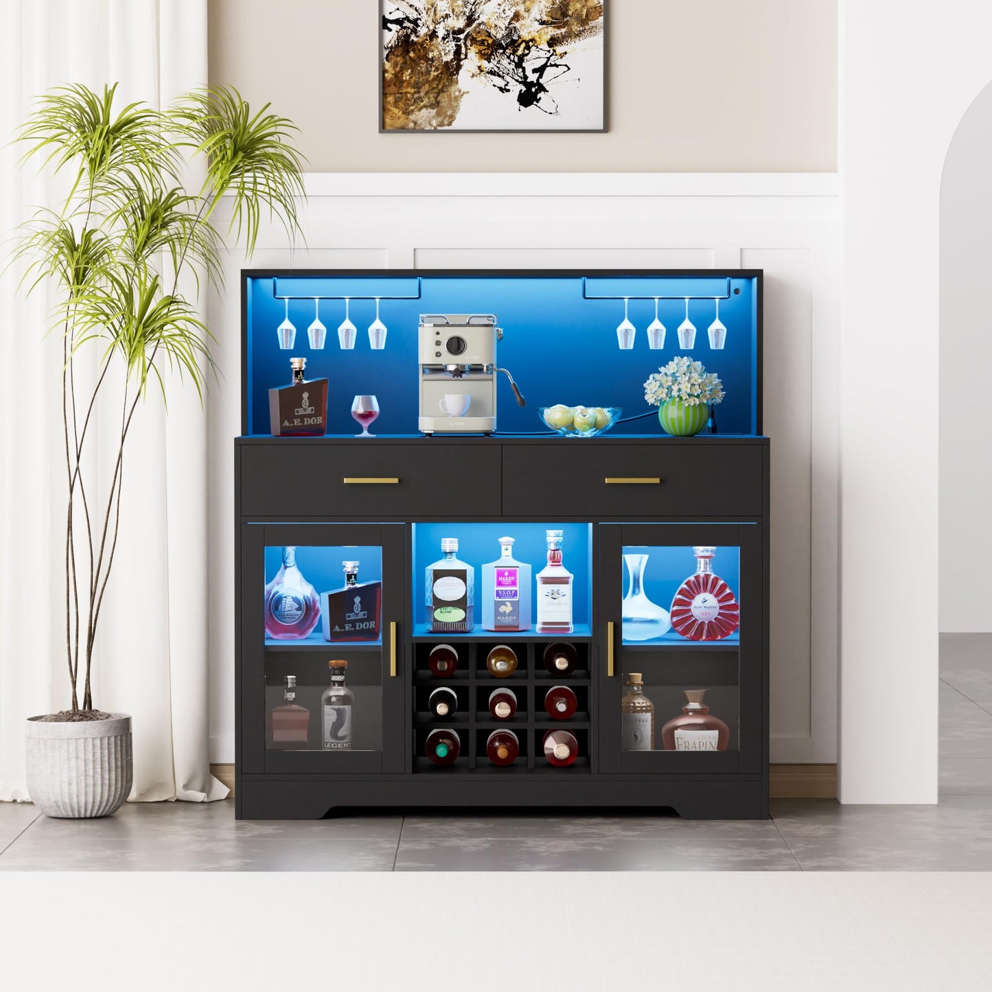 Wine Bar Cabinet with LED Light, Kitchen Coffee Bar Cabinet with Power Outlet, Home Liquor Cabinets with Glass Holder and Wine Racks, Modern Buffet Sideboard with Storage for Living Room, Kitchen