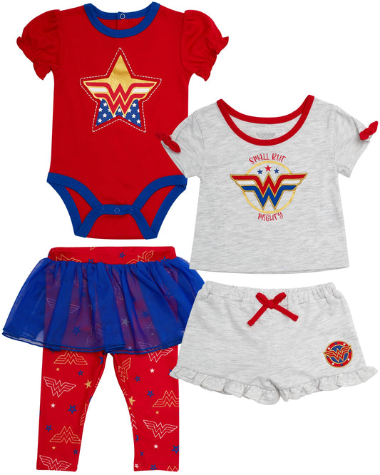 Wonder Woman Baby Girls 4 Piece Set - Short Sleeves T-Shirt with Applique Patch, Legging Pants with Tutu Skirt, Embroidered Onepiece Bodysuit, Drawstring Shorts (Red/Blue/Grey, 3 Months)