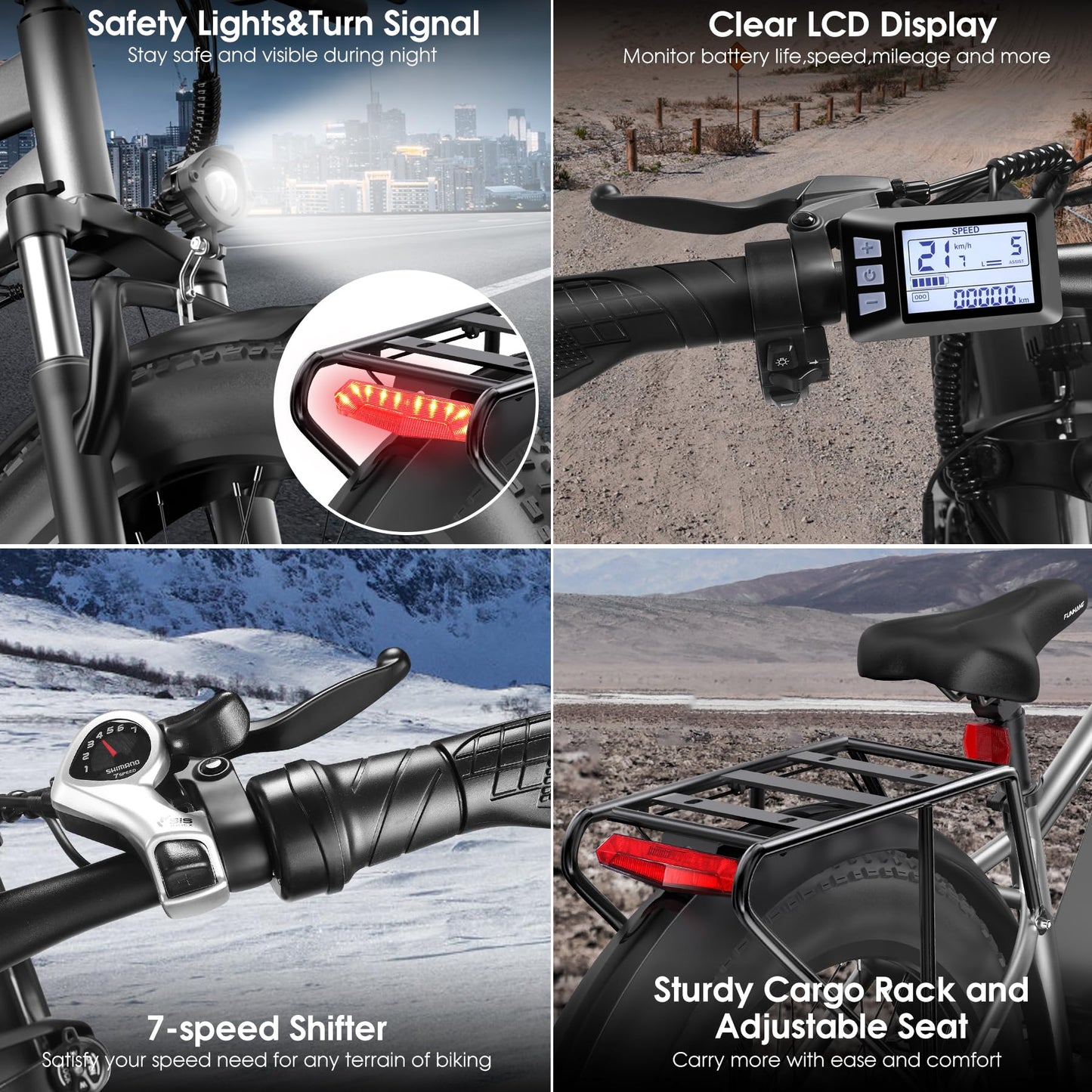 Funhang Electric Bike for Adults, Peak 1000W Ebike, 25MPH 60Miles Electric Mountain Bike, 26" Fat Tire Adult Electric Bicycle with 48V 13AH Battery, Rear Rack, 7 Speed, Front Suspension, Turn Signal
