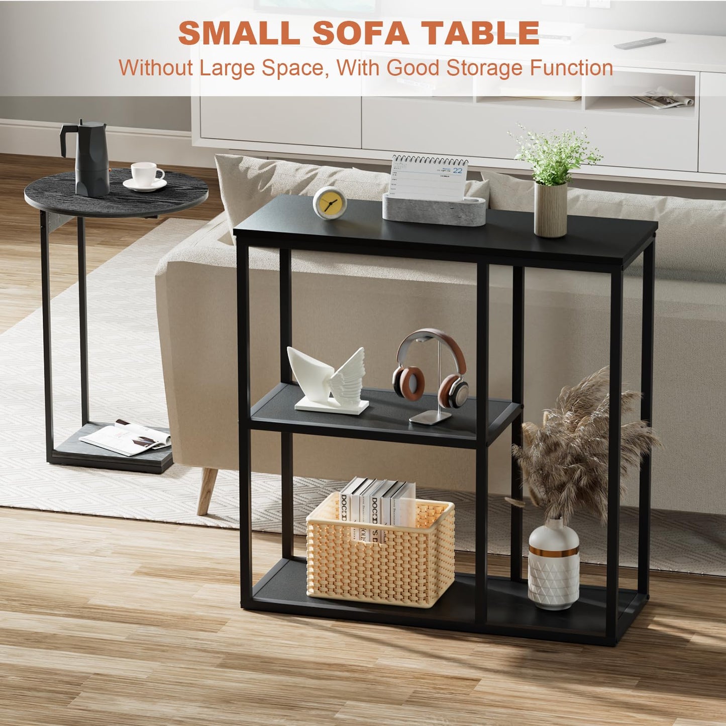 WOHOMO Console Table, 12'' Narrow Entryway Table for Living Room, 31.5'' x 31.5'' Black Industrial Sofa Table with 3-Tier Storage Shelves for Corridor, Hallway, Black
