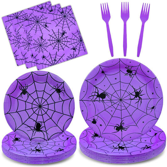 96 Pieces Halloween Spider Web Tableware Party Supplies - Disposable Dinnerware Set with Paper Plates, Napkins, and Forks for Spooky Halloween Party Supplies, Birthday Decorations - Serves 24 (Purple)