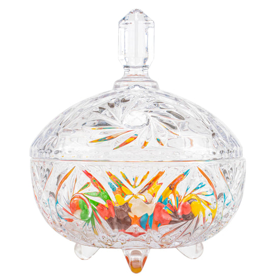 27oz Large Glass Candy Dish with Lid, Crystal Candy Bowl, Embossed Decorative Storage Jar for Office Desk, Jewelry Box, Biscuit, Christmas, Wedding, Birthday Gift