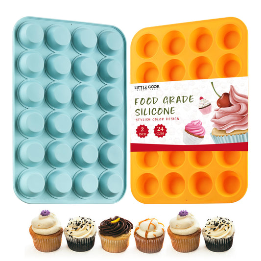 2PCS Silicone Mini Muffin & Cupcake Pan Set, Little Cook 24 Cups Mini Muffin Baking Pan, Non-Stick, BPA Free, Dishwasher Safe, Perfect for Making Muffin, Cakes, Tart (Orange + Peacock Blue)