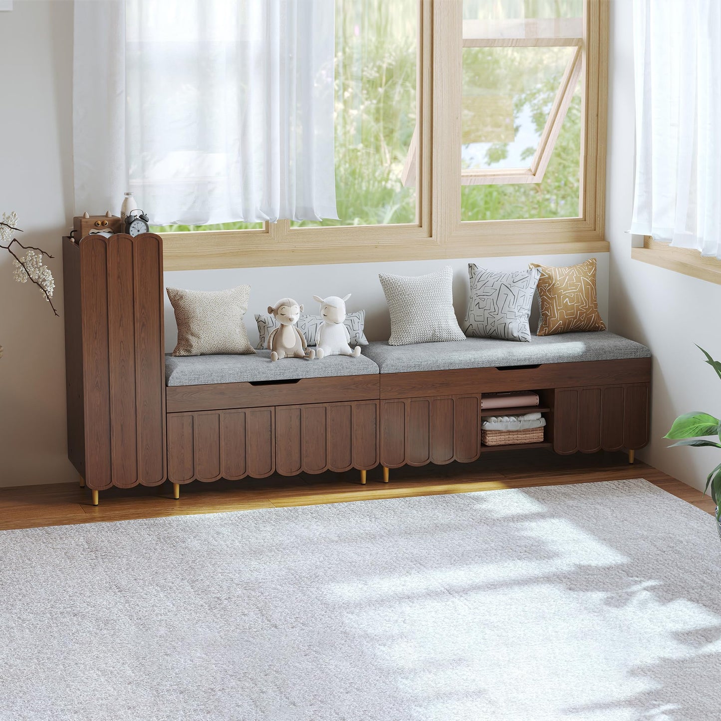 3More 40" Entryway Shoe Storage Bench，Upholstered Hidden Space Beneath Seat Cushion Bench，2-Tier Unique Geometric Shape with Wood Grain，Walnut