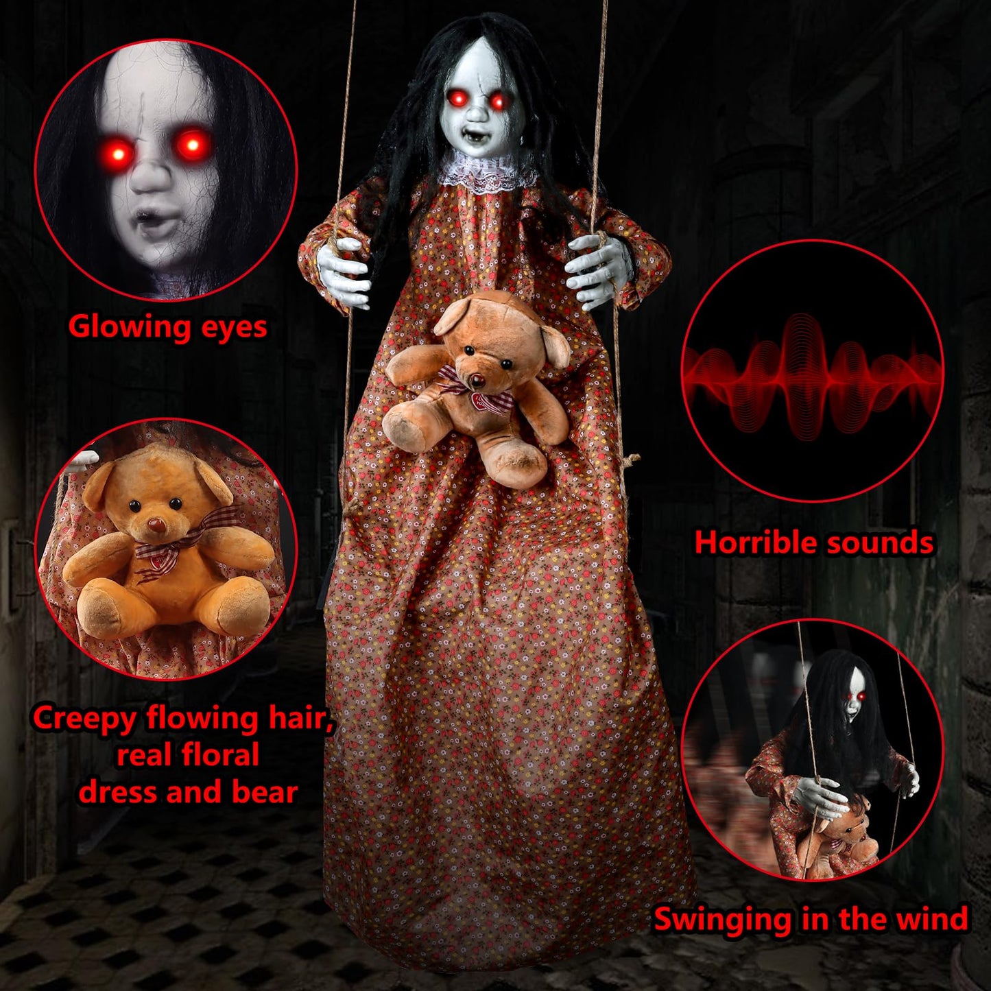 3.75 Ft Scary Halloween Decorations Outdoor, Halloween Hanging Swinging Girl with Sound & Touch Activated/Creepy Sound/Light Up Eyes/Scary Expression, Halloween Decor Props for Indoor Outside