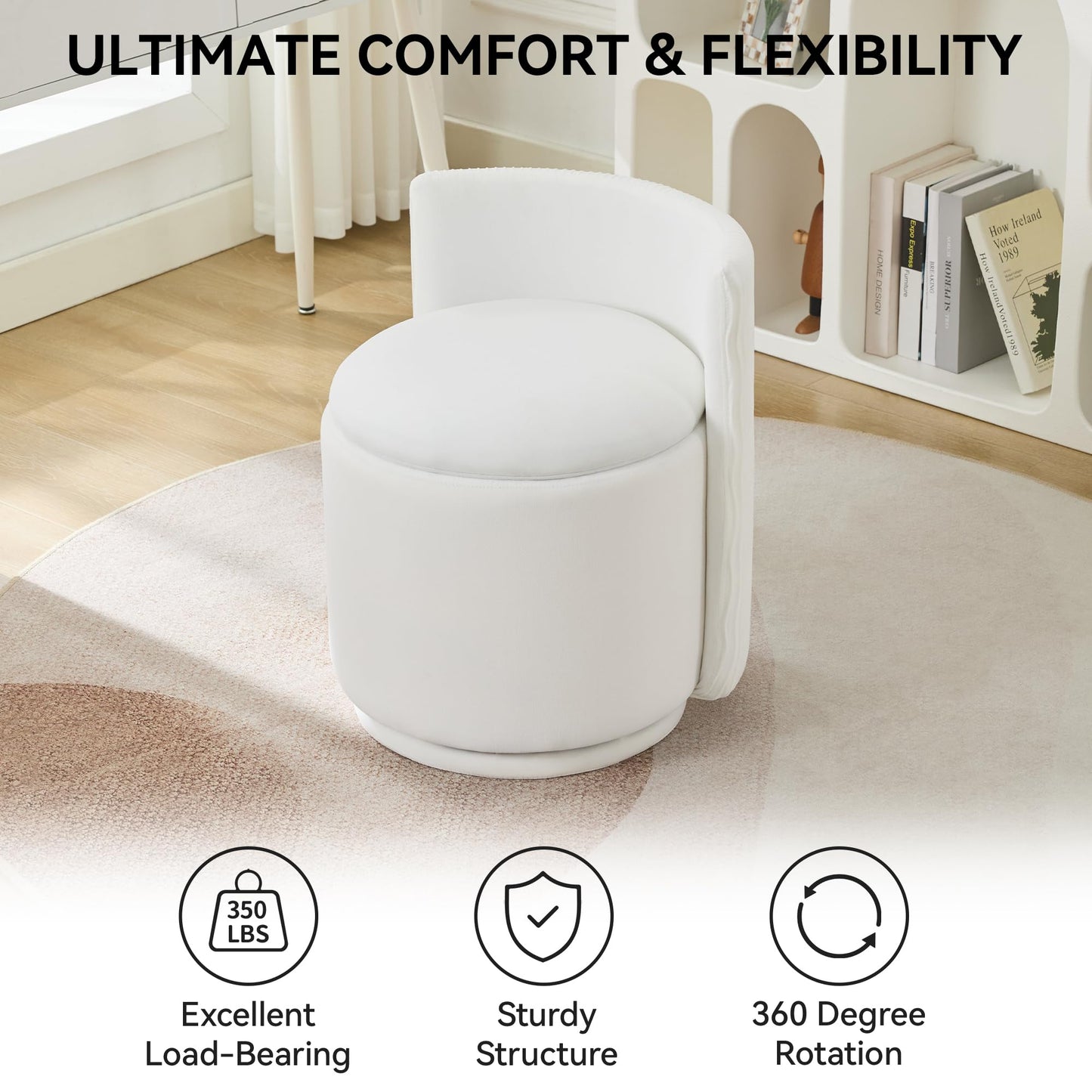 WUTUTUEE Velvet Vanity Chair with Storage, 360° Swivel Makeup Chair with Wave Back, No Assembly Small Accent Stool for Bedroom, Dressing, Living Room, White