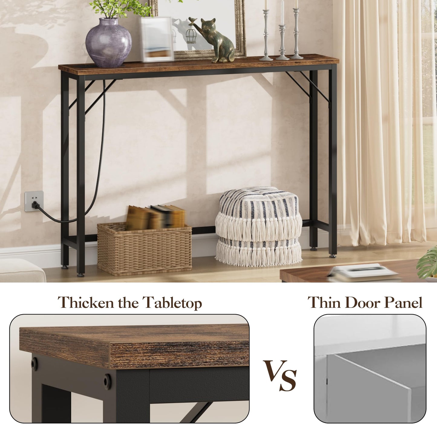 31.4"H Narrow Single-Layer Sofa Back Table with Power Supply, Pure Retro Color - Metal & Particleboard Frame, 2 Power Outlets & 2 USB Ports, Black Sand Powder-Coated Main Frame, Console Sofa Table