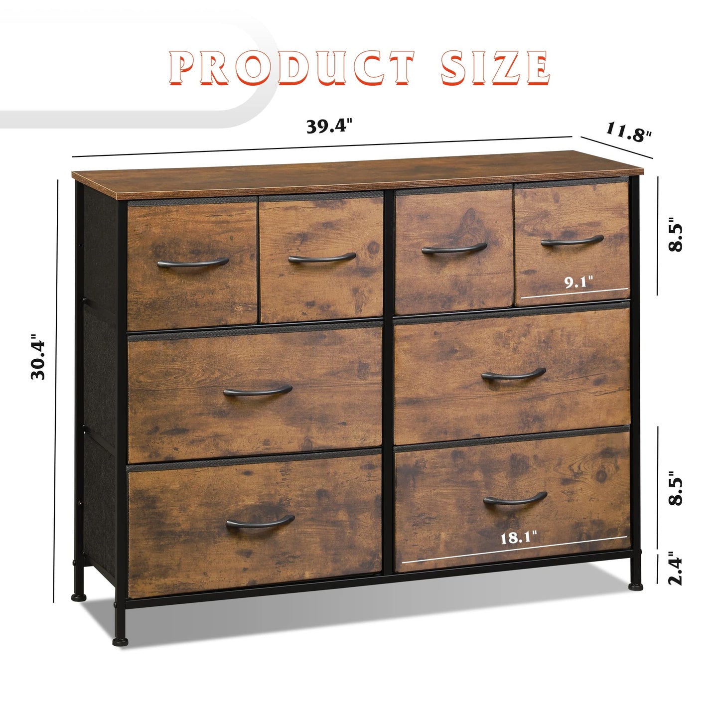 WLIVE Dresser for Bedroom with 8 Drawers, Wide Fabric Dresser for Storage and Organization, Bedroom Dressers, Chest of Drawers for Living Room, Closet, Entryway, Rustic Brown Wood Grain Print