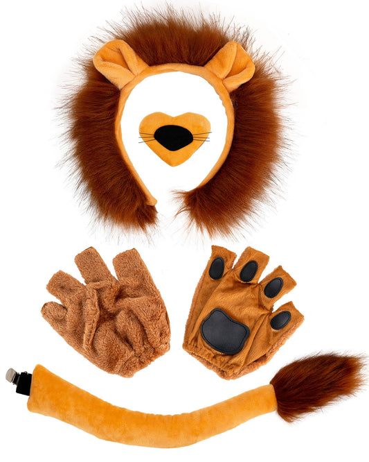5 Pcs Lion Costume Set Lion Ears Headband Tail Paw Gloves Nose Bow Tie Halloween Lion Cosplay Party Dress Up Accessories