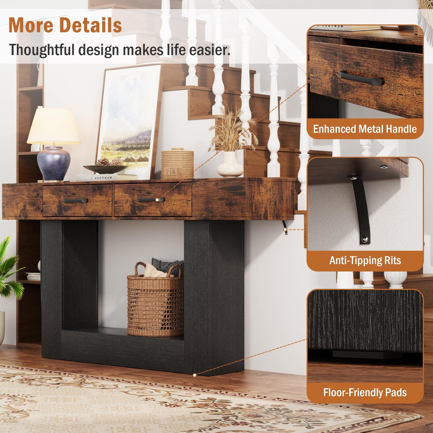 63" Long Console Table with LED Lights & Charging Station,2-Tier Entryway Table with Drawers and Open Storage Shelf for Entry Way,Farmhouse Sofa Table with Heavy Duty Base for Hallway, Foyer(Brown)