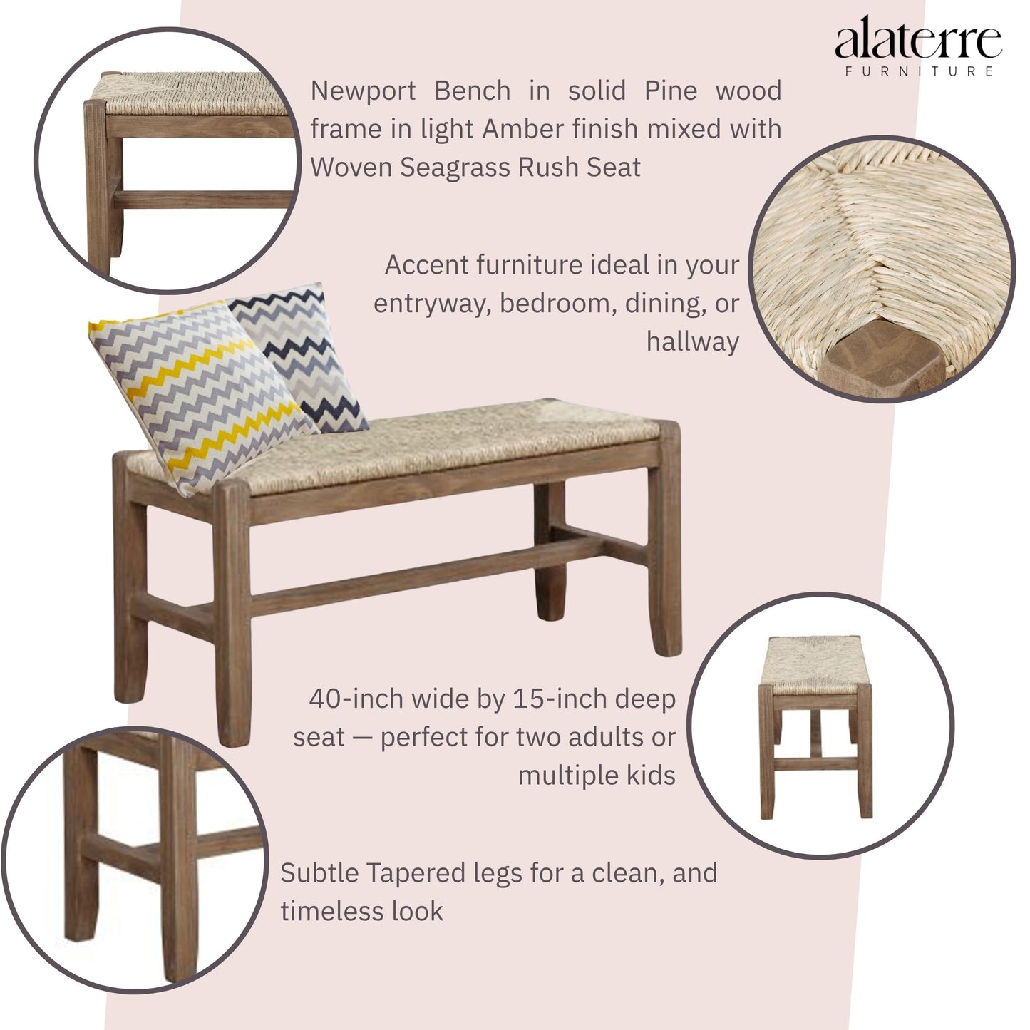 Alaterre Furniture Newport 40" Wood Bench with Rush Seat