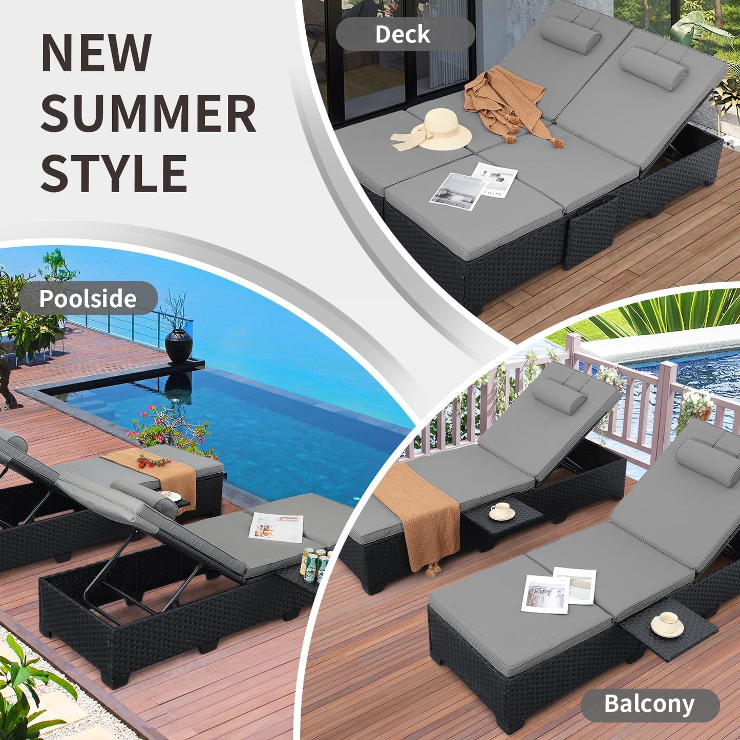 WAROOM Outdoor Chaise Lounge Chairs for Outside Patio Furniture Set of 2 Wicker Recliner Black Rattan Reclining Pool Sunbathing Chair Adjustable Backrest Lounger with Grey Cushion