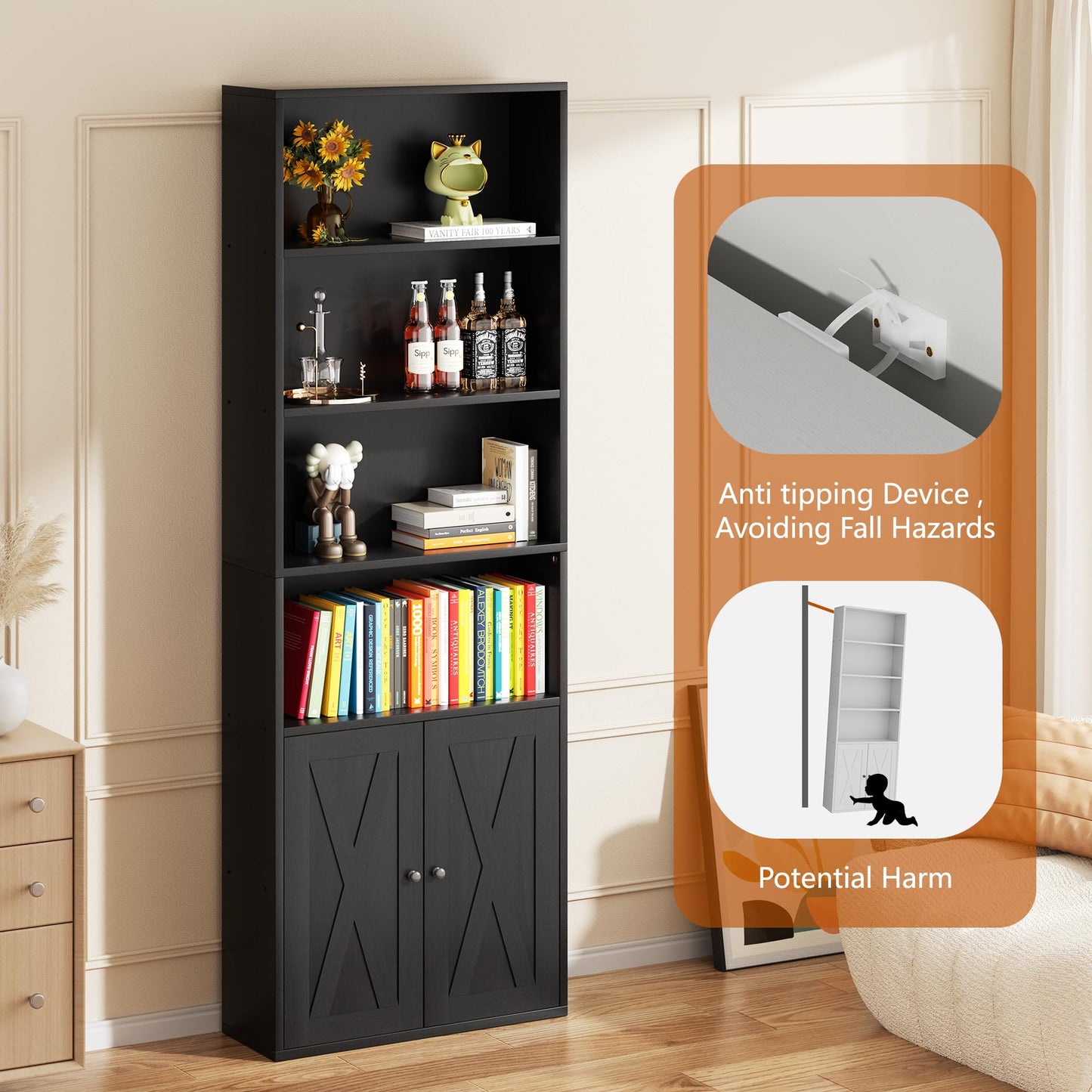 Vongrasig 6-Tier Open Bookcase and Bookshelf with Doors, Floor Standing Farmhouse Display Storage Shelves 71 Inch Wood Tall Bookcase for Home Office, Living Room, Bed Room, Black