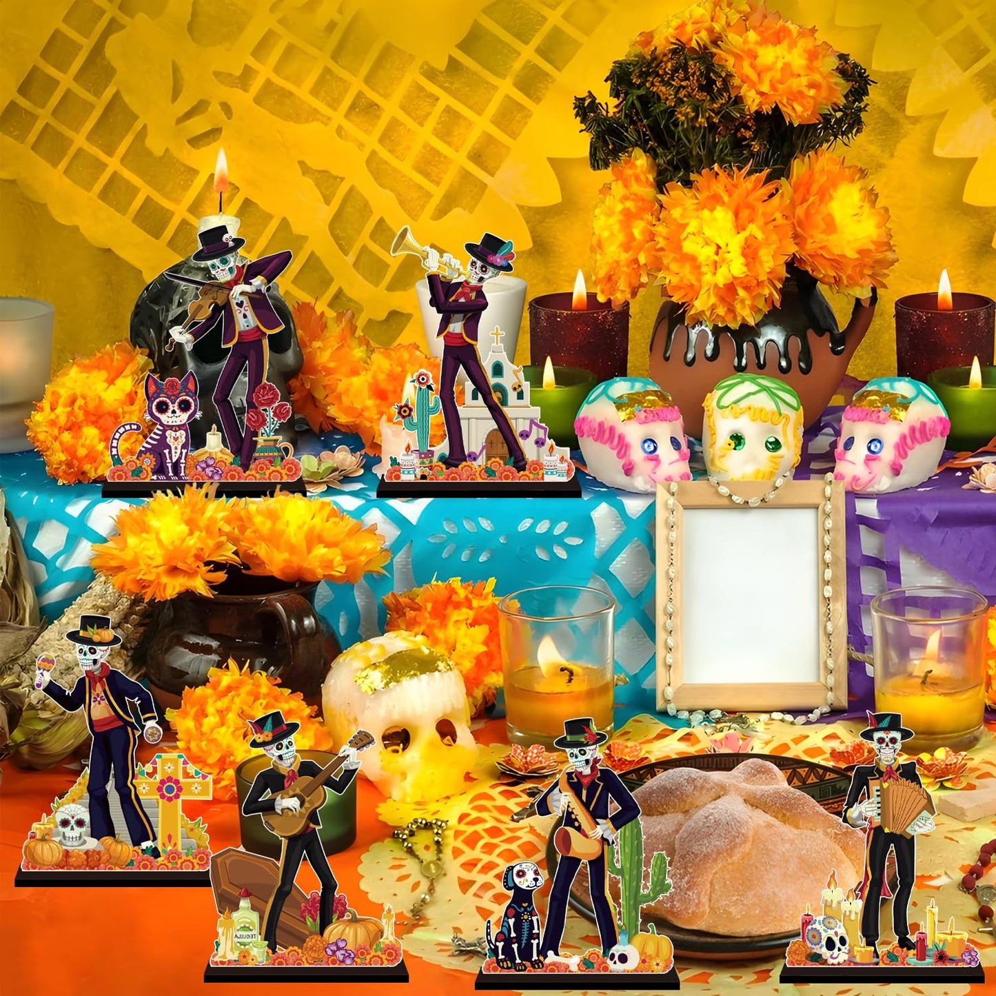 6Pcs Dia De Los Muertos Decorations Wooden Table Centerpiece Day of the Dead Decorations Sugar Skull Table Decor for Mexican Fiesta Tiered Tray Decor