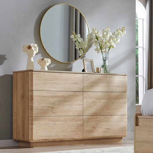 ACCOHOHO Modern 6 Drawer Dresser for Bedroom, Farmhouse 52" Wide Dresser TV Stand with Large Drawers, Natural Texture, Curved Angle for Room, Hallway and Entryway, Nutural Oak