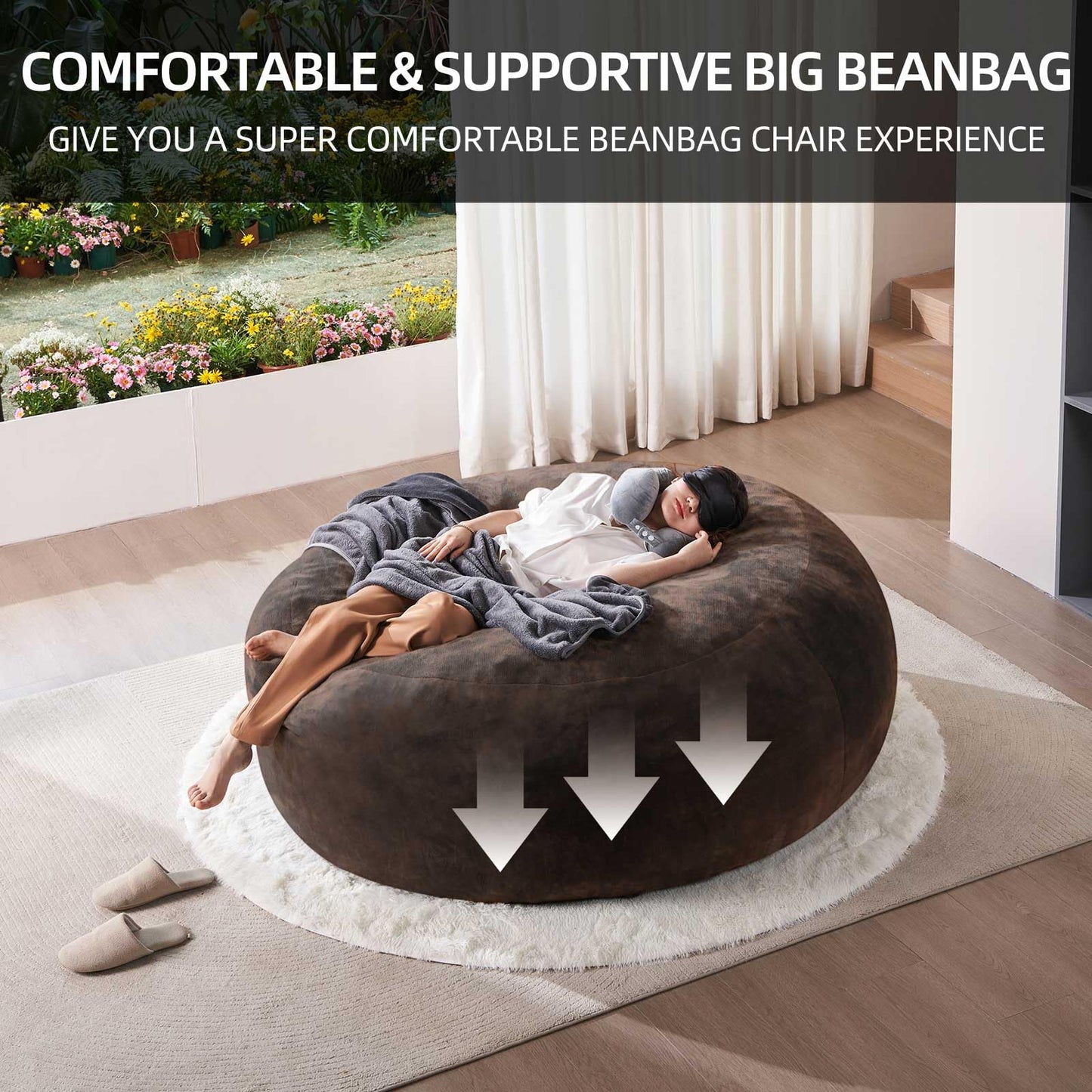 5FT,Giant beanbag Chairs for Adults,Bean Bag with Filler Included,Soft and Comfortable Memory Foam Chair,Extra Large Bean Bag，Adult Living Room，Leisure Chair Suitable for Bedroom and Dormitory(Brown)