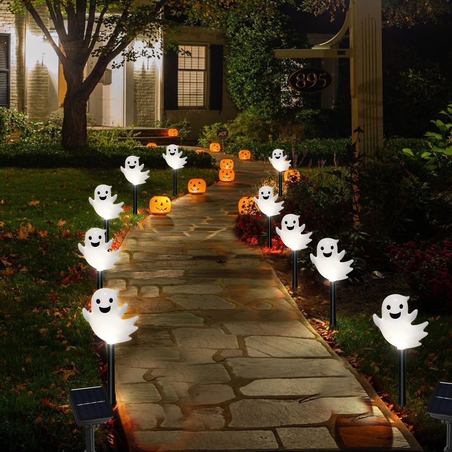 Solar Halloween Ghost Pathway Lights, 10 Pack 3D Lighted Outdoor Stake Decorations, Waterproof LED Yard and Garden Lights for Halloween Pathway, Lawn, Patio, and Holiday Decor (Cool White)
