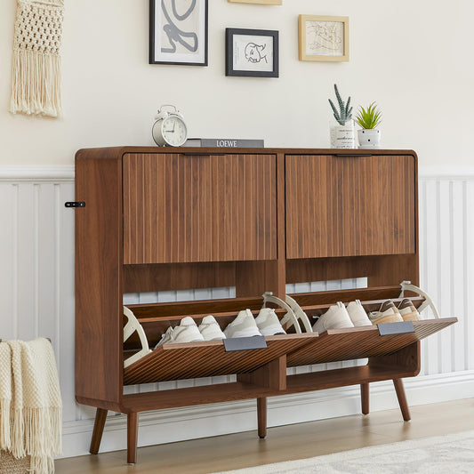 47" Fluted Large Shoe Cabinet with 4 Flip Drawers, Slim Freestanding Shoe Cabinet Organizer, Narrow Shoes Storage Rack for Entryway, 5 Sturdy Legs (Walnut, 9.45" D x 47.24" W x 35.83" H)