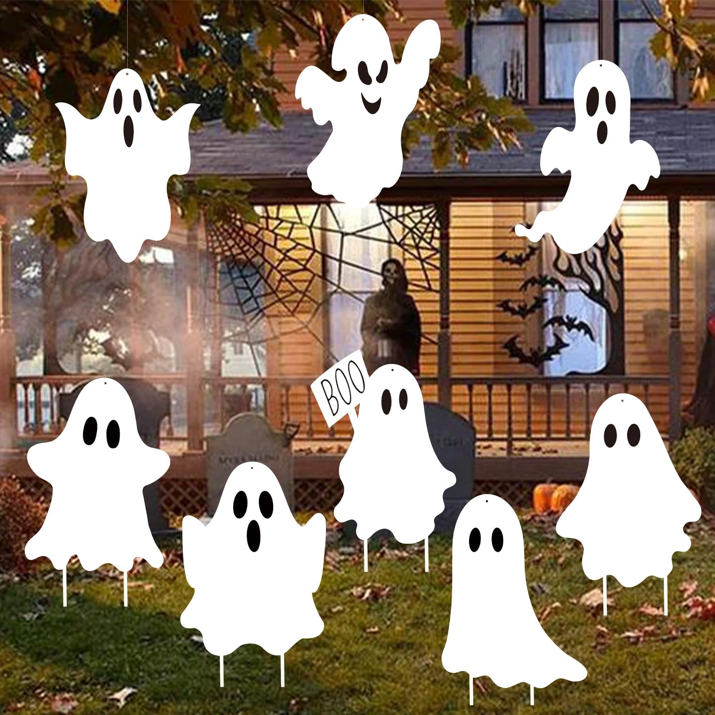 8PCS Halloween Ghost Yard Signs Boo Ghost Outdoor Decor with Stakes Double-Side Hanging Ghosts Plastic Scary Spooky Decoration for Home Front Yard Patio Garden Halloween Party Decorations