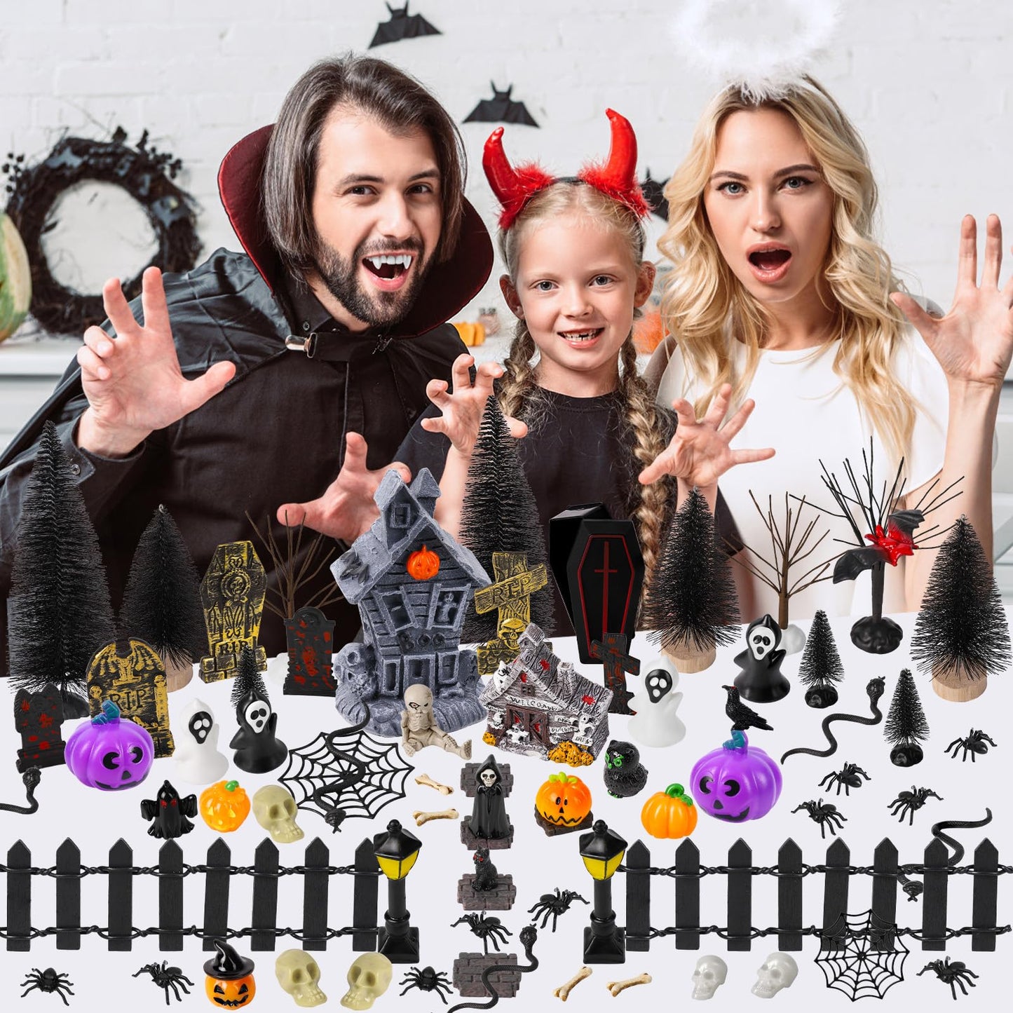 88 PCS Halloween Village Accessories Set Halloween Haunted Houses Village Miniatures Ornaments with Pumpkins Ghost Tombstones Tree Fake Spiders Fence Streetlamp Figurines for Party Home Table Decor