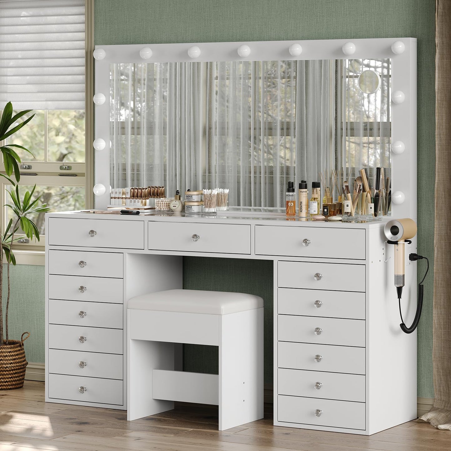 Yanosaku 55" W Vanity Desk, Makeup Vanity with Charging Station, 15 Drawers with Lighted Mirror, 3 Lighting Modes, Brightness Adjustable, Glass Top, Vanity Table with Chair for Bedroom, White