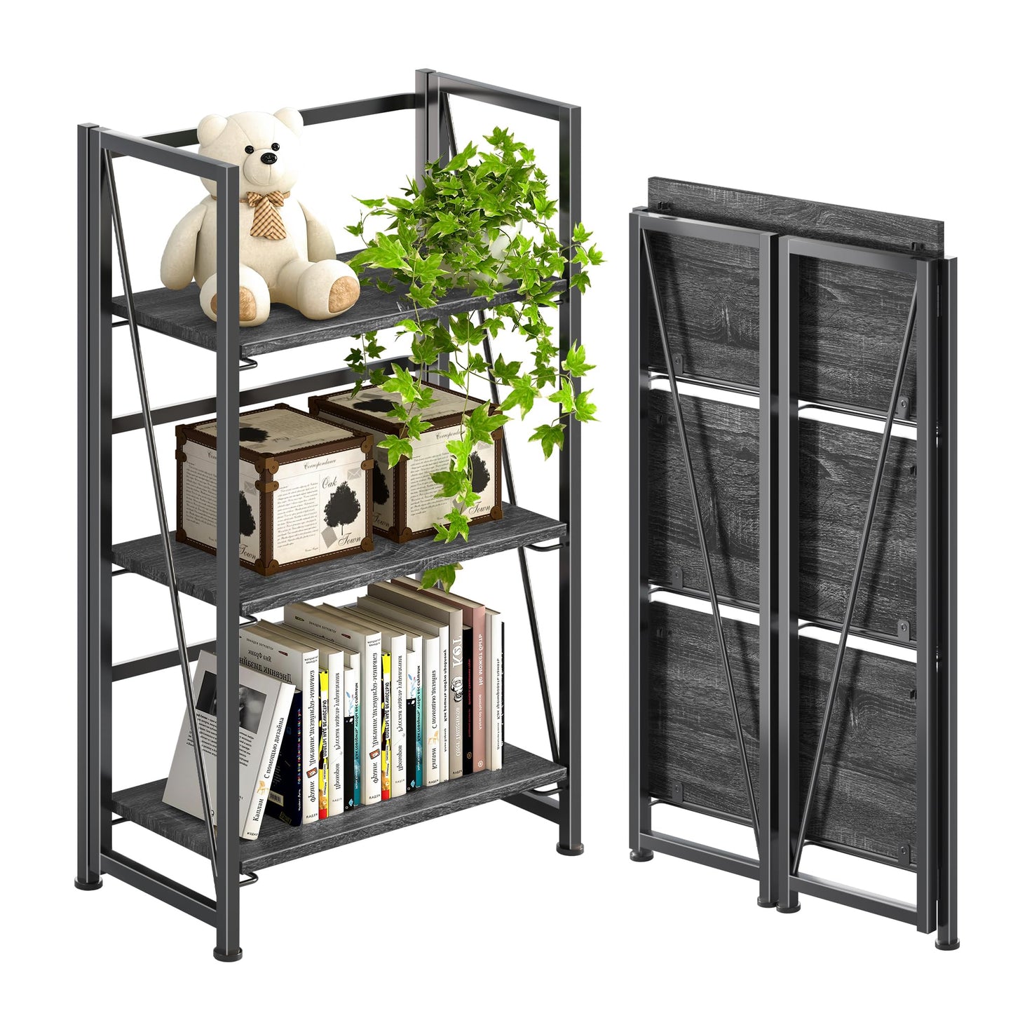 4NM No-Assembly Folding Bookshelf Storage Shelves 3 Tiers Vintage Bookcase Standing Racks Study Organizer Home Office (Gray Black)