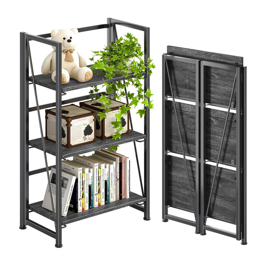 4NM No-Assembly Folding Bookshelf Storage Shelves 3 Tiers Vintage Bookcase Standing Racks Study Organizer Home Office (Gray Black)
