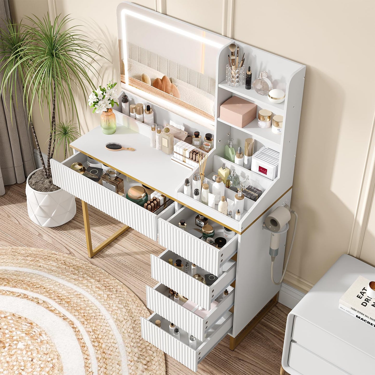 White and Gold Vanity Desk with Mirror and Lights Makeup Vanity with 5 Drawers and Charging Station, Vanity Table for Bedroom