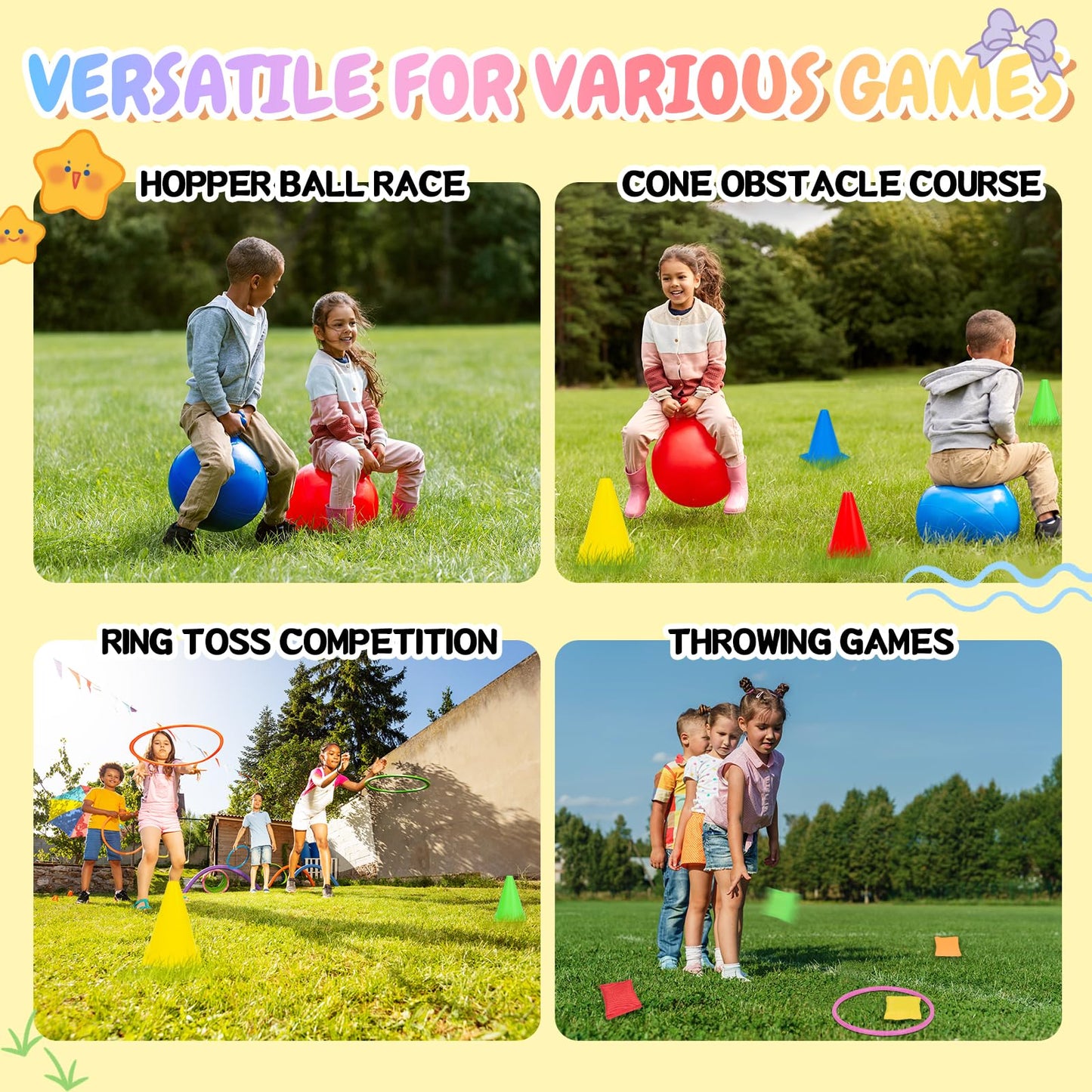 35PCS 4 in 1 Carnival Outdoor Games Combo Set for Kids, Soft Plastic Cones Bean Bags Ring Toss Game, Activity Agility Set with 2 PCS 18" Hopper Balls, Birthday Party Yard Lawn Games