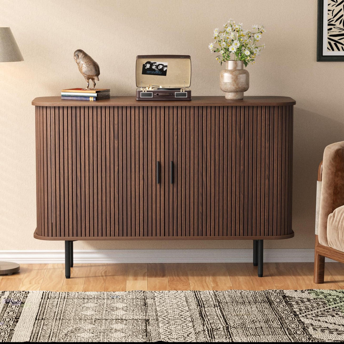 47''W x 32''H Walnut Storage Cabinet, Fluted Sideboard Buffet Cabinet with Storage, Console Table Credenza with Tambour Slatted Sliding Doors, TV Stand for Living Room, Kitchen